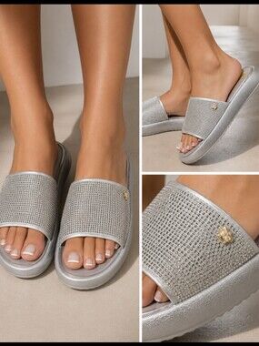 Juicy Couture Silver Waves Bling Platform Slides Sandals Size 5
